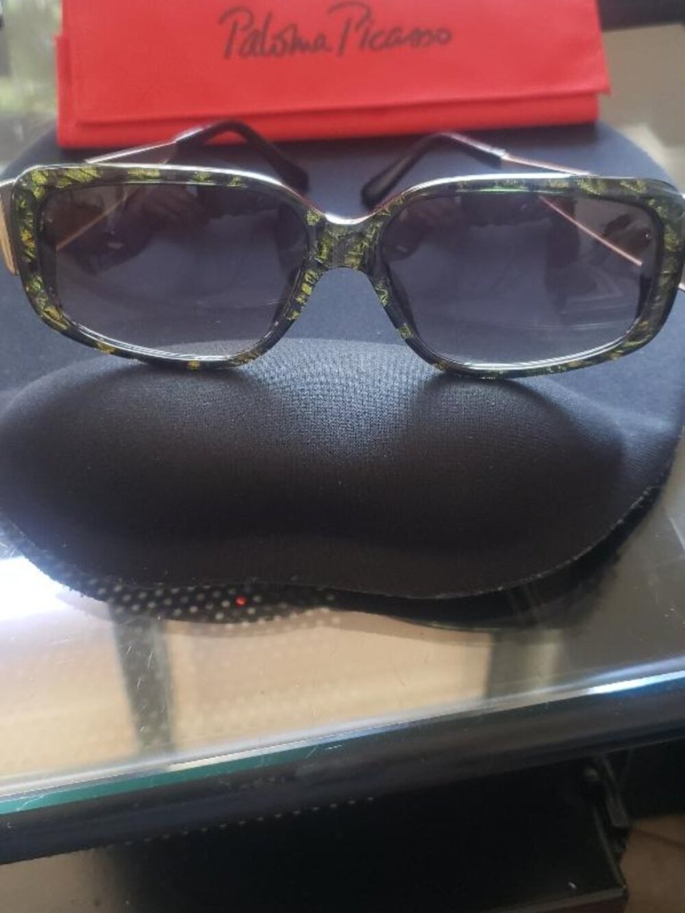 Rare 1990s Vintage Paloma Picasso Green Tortoise Frame Hammer Arm Sunglasses